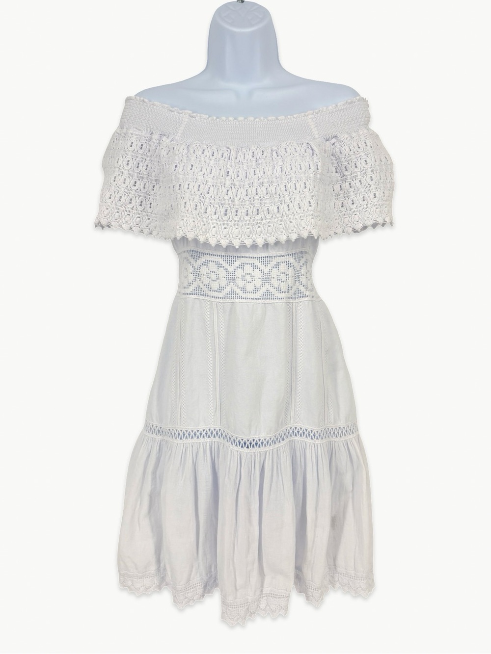 Giocam Heart Eyelet Mini Dress Size Medium White Cotton Off Shoulder Smocked